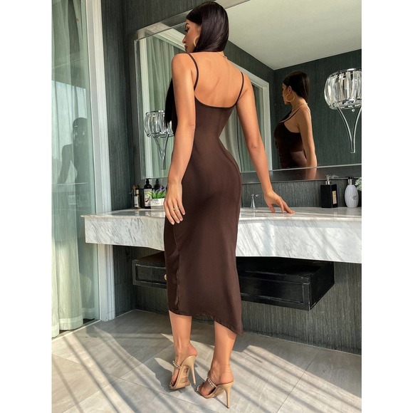 Cami straight neck Ruched Bodycon midi Dress black - Picture 5 of 11